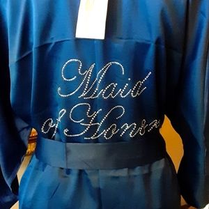 AW Bridal MAID OF HONOR navy blue satin short robe half sleeves tie belt  XS NEW